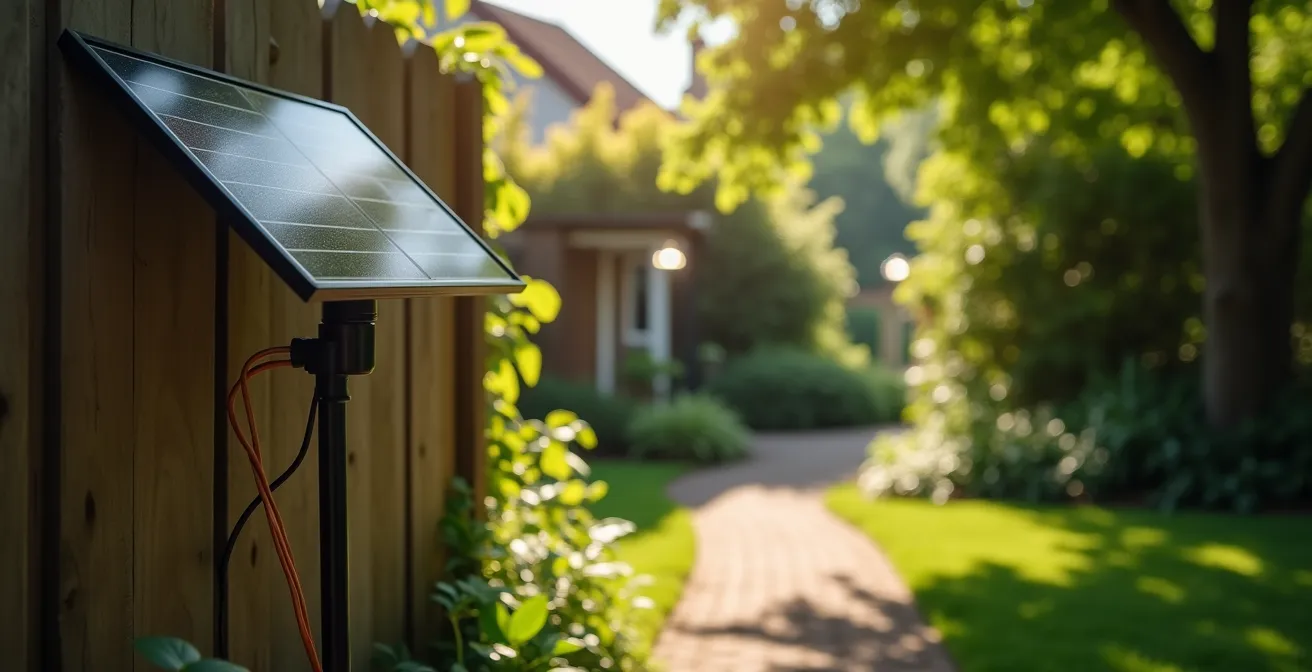 Strategic solar panel positioning technique in a partially shaded garden showing a remote panel in the sun powering lights in the shade.