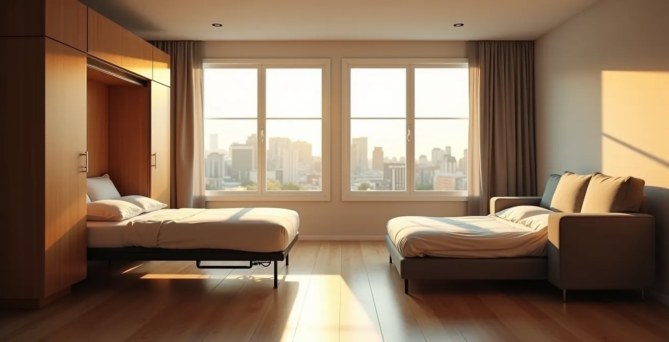 Split screen showing Murphy bed and sofa bed mid-transformation in same studio