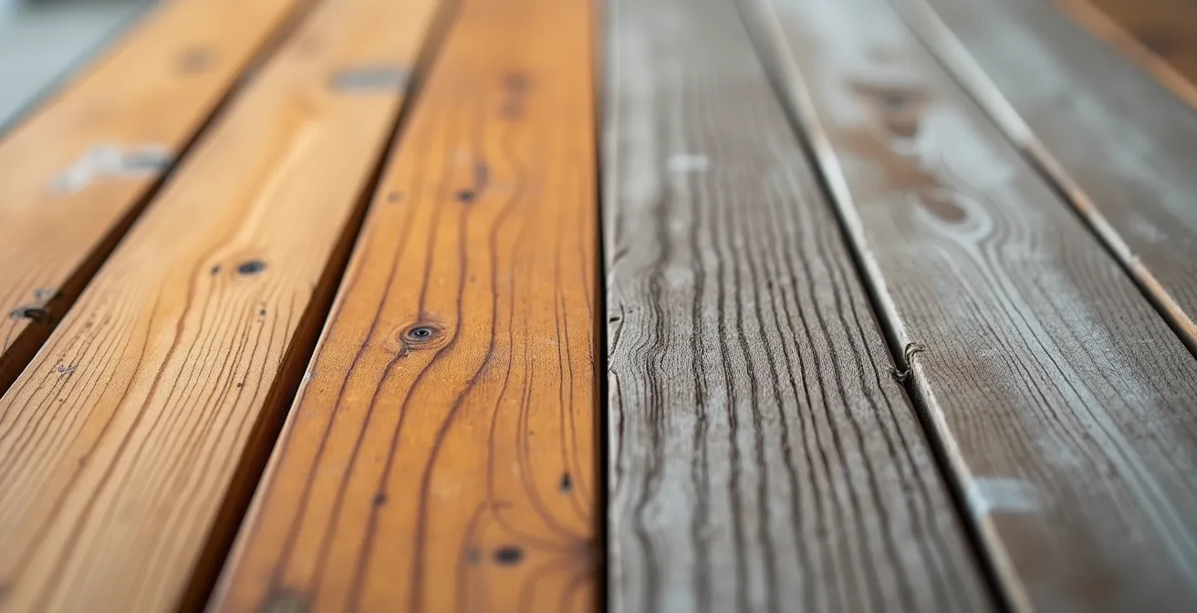 Close-up comparison of teak wood showing golden honey color versus aged silver-gray patina