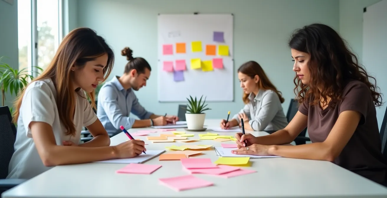 Diverse professionals silently writing on colorful post-it notes during a structured meeting