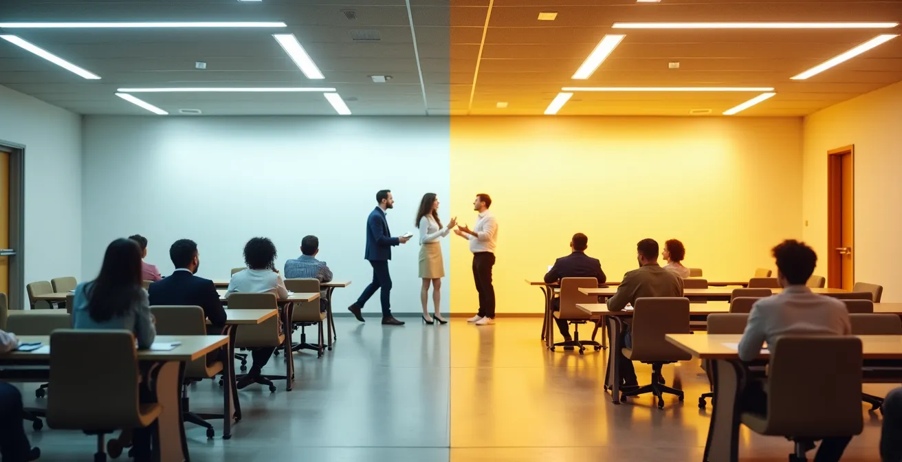 Contrast between rigid traditional meeting room and dynamic creative space