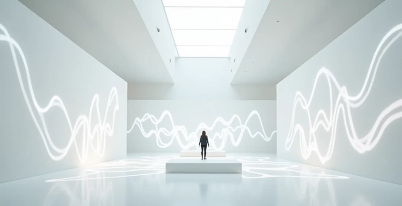 Visual metaphor of viral trends creating ripple effects on consumer behavior in a minimalist retail space