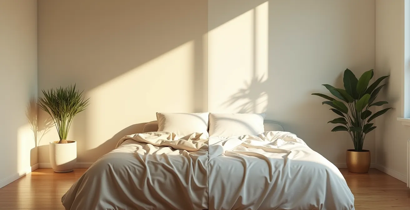 Split composition showing contrasting weekend versus weekday morning bedroom scenes
