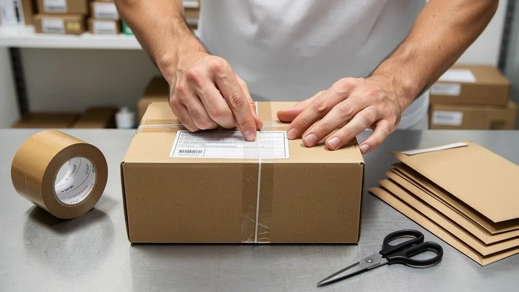 Hands apply a shipping label and tape to a sealed parcel on a packing table.