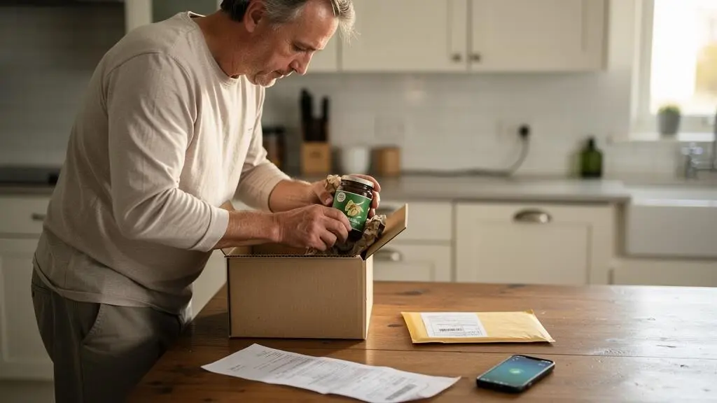 A man unpacks a delivered parcel of wellness products on a table at home, keeping the receipt and shipping documents beside it.