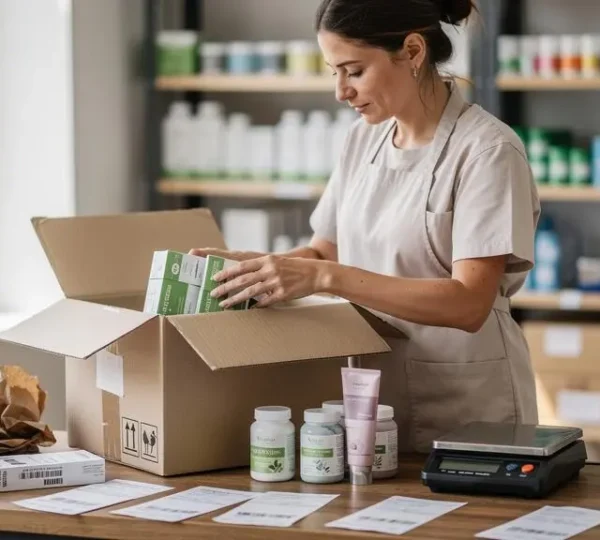 A woman packs natural wellness products into a cardboard shipping box in a parapharmacy warehouse.