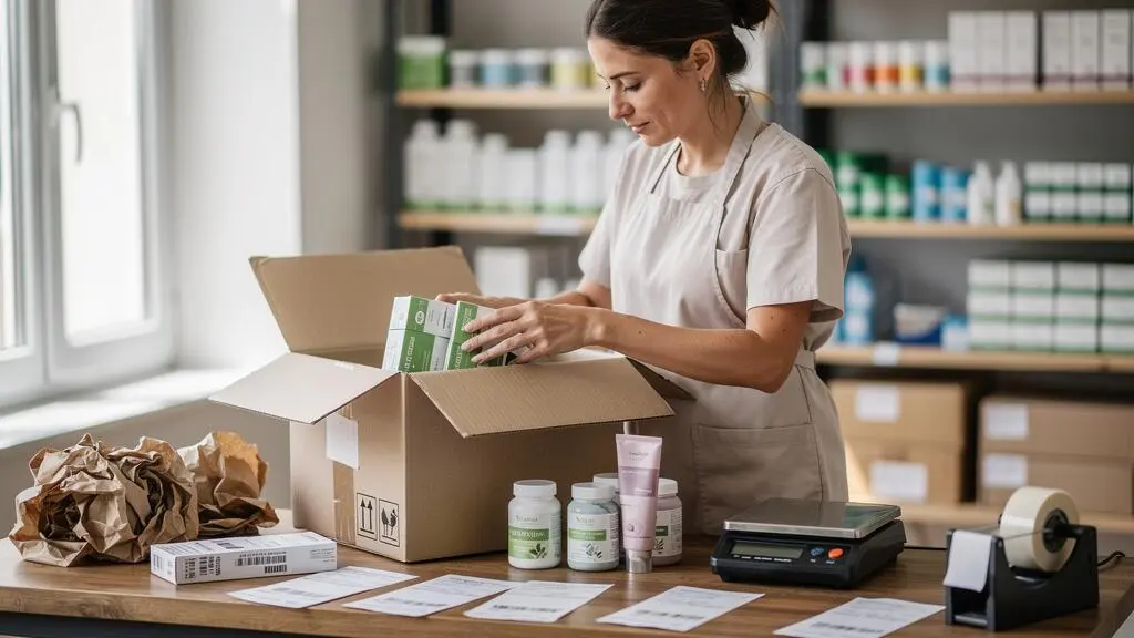 A woman packs natural wellness products into a cardboard shipping box in a parapharmacy warehouse.